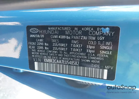 2020 Hyundai Kona Sel z USA, uszkodzony, nr VIN KM8K2CAA7LU548582